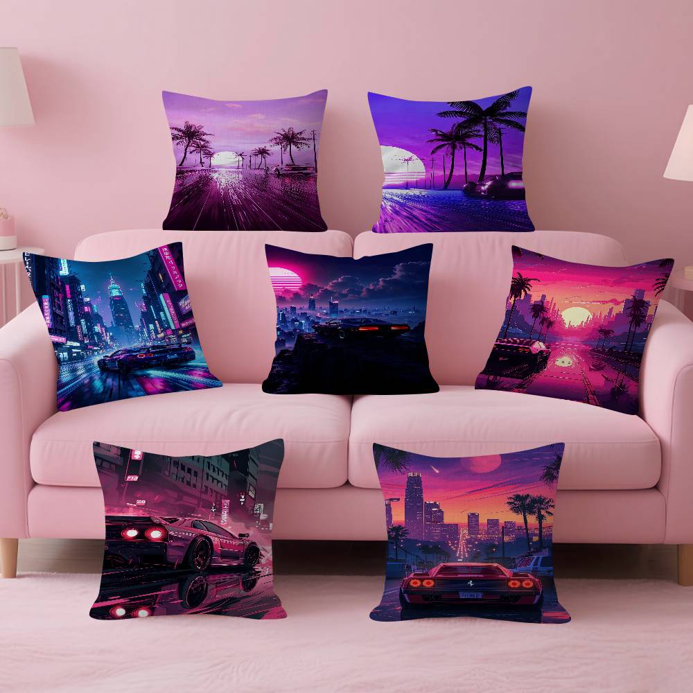 Home Textiles City - ネオンナイトシティ風景 80 年代サイバーパンクカークッションカバー 30 × 50