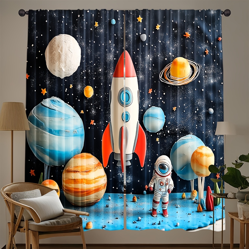 Galaxy Home Textiles - 宇宙ロケットカーテン、漫画風宇宙飛行士惑星柄窓用ドレープ、男の子向けギャラクシーキッズルームデコレーション、SFホームテキスタイル生地