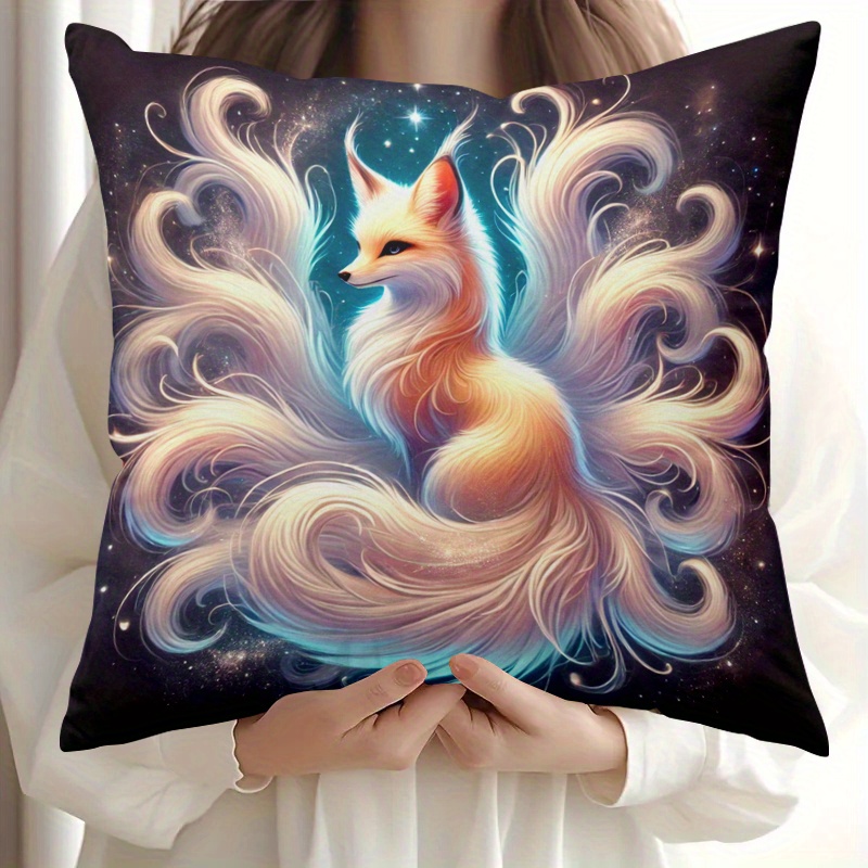 Galaxy Home Textiles - ファンタジー九尾狐枕カバー、神秘的な動物クッションカバー、銀河星空プリントのかわいい神話の生き物装飾、ホームテキスタイル