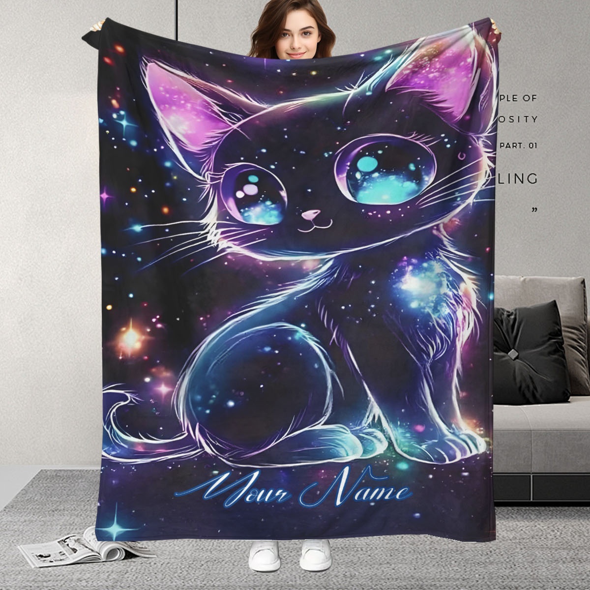 カスタマイズ可能な名前入り銀河猫柄ブランケット、宇宙猫イラス - Galaxy Home Textiles のレビューと価格