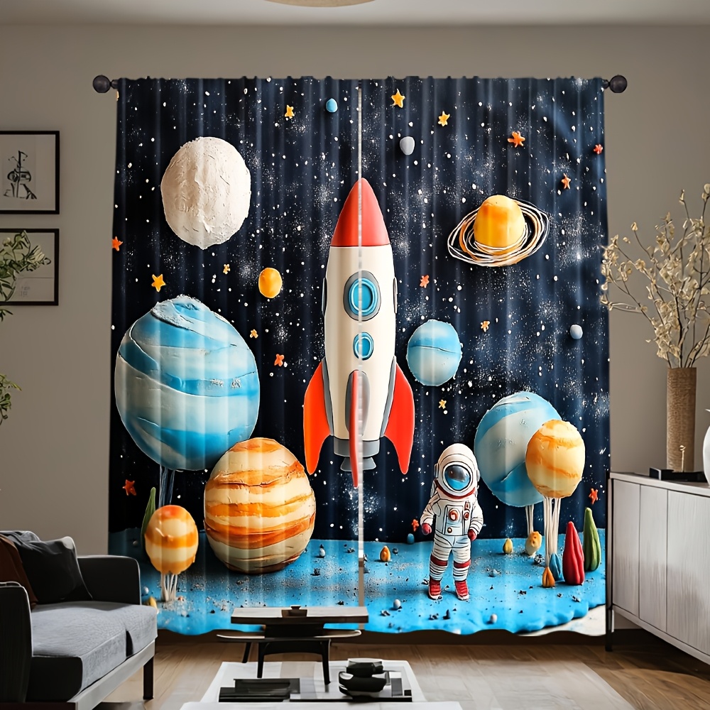 宇宙ロケットカーテン、漫画風宇宙飛行士惑星柄窓用ドレープ、男 - Galaxy Home Textiles のレビューと価格