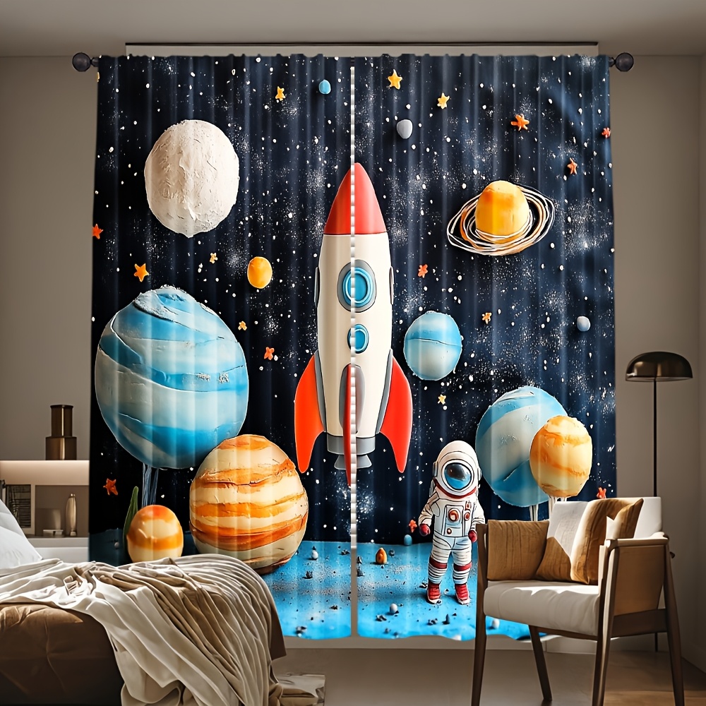 宇宙ロケットカーテン、漫画風宇宙飛行士惑星柄窓用ドレープ、男 - Galaxy Home Textiles のレビューと価格